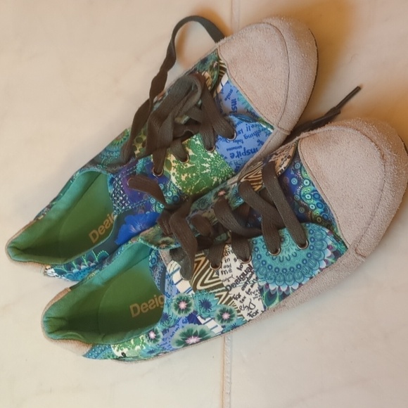 Desigual Lola suede canvas multicolor turquoise flat street wear sneakers US 9 - Picture 2 of 9